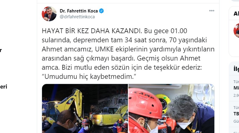 Sağlık Bakanı Koca: Hayat bir kez daha kazandı